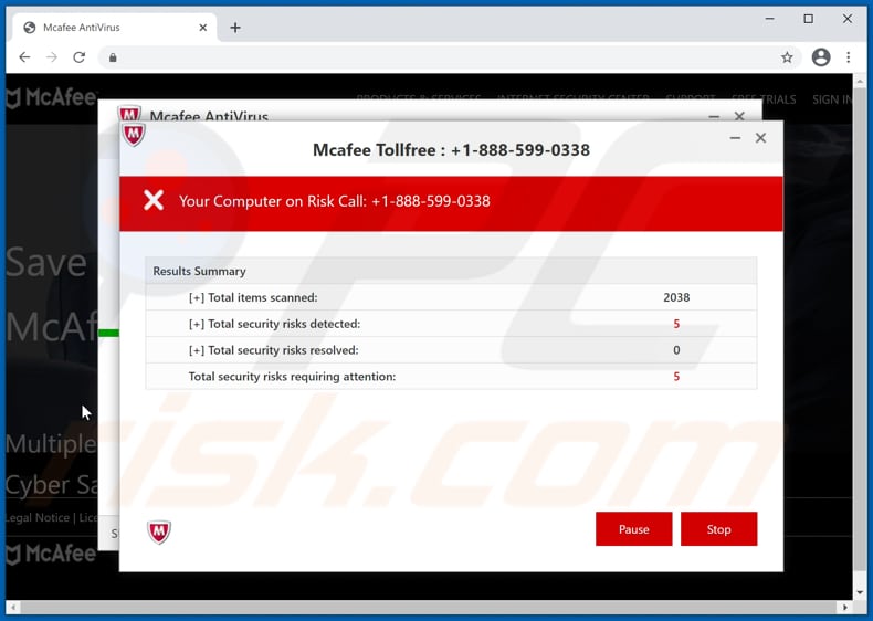 Fraude de suporte técnico do McAfee Tollfree