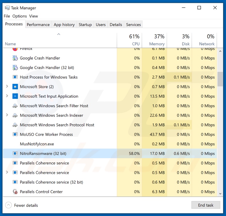 processo do ransomware Nitro no Gestor de Tarefas (NitroRansomware - nome do processo)