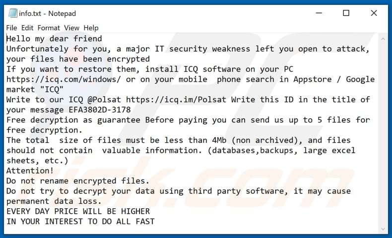Ficheiro de texto do ransomware POLSAT (info.txt)