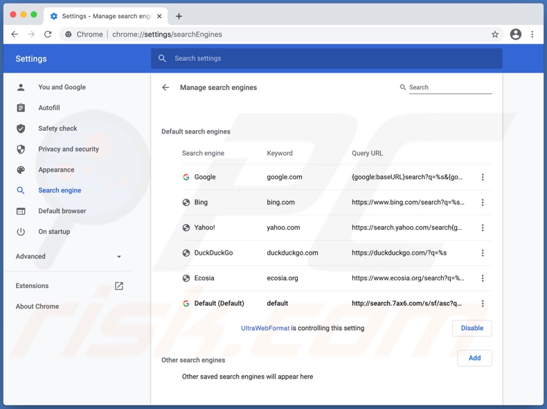 UltraWebFormat promoveu motor de pesquisa falso (search.7ax6.com) definido como padrão em Chrome