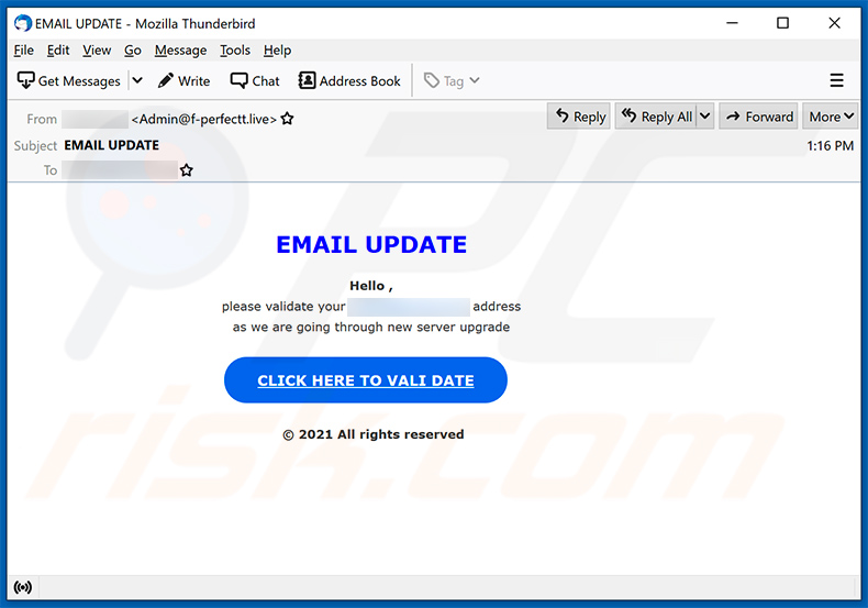 spam com tema de atualização de email usado para promover um site de phishing (2021-04-06)