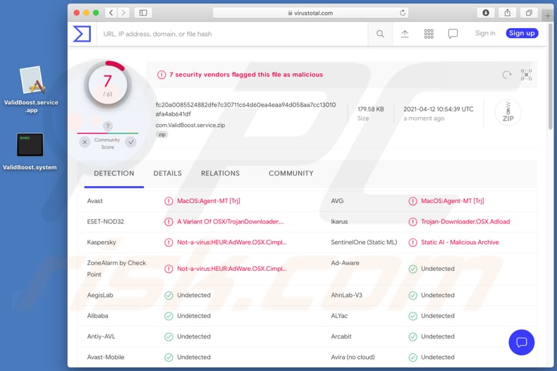 lista de detecções do adware validboost virustotal