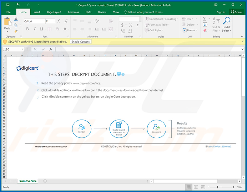 Documento malicioso do MS Excel utilizado para injectar o TAR Warzone