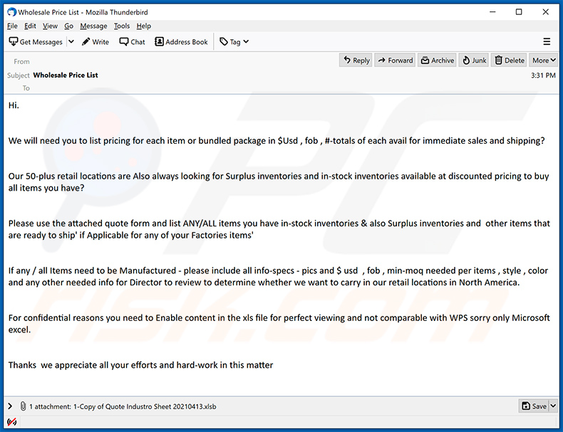 Spam e-mail a difundir o TAR Warzone via anexo do documento MS Excel