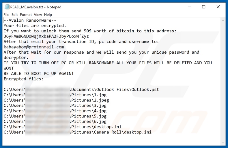 ficheiro de texto do ransomware Avalon (READ_ME.avalon.txt)