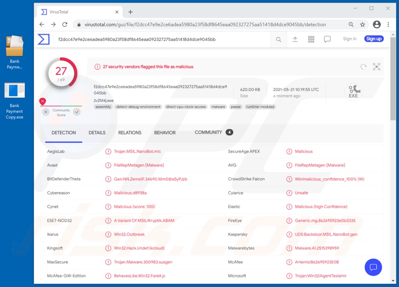 Bank Payment Copy detecções de anexos de vírus de e-mail (nome do ficheiro Bank Payment Copy.exe)