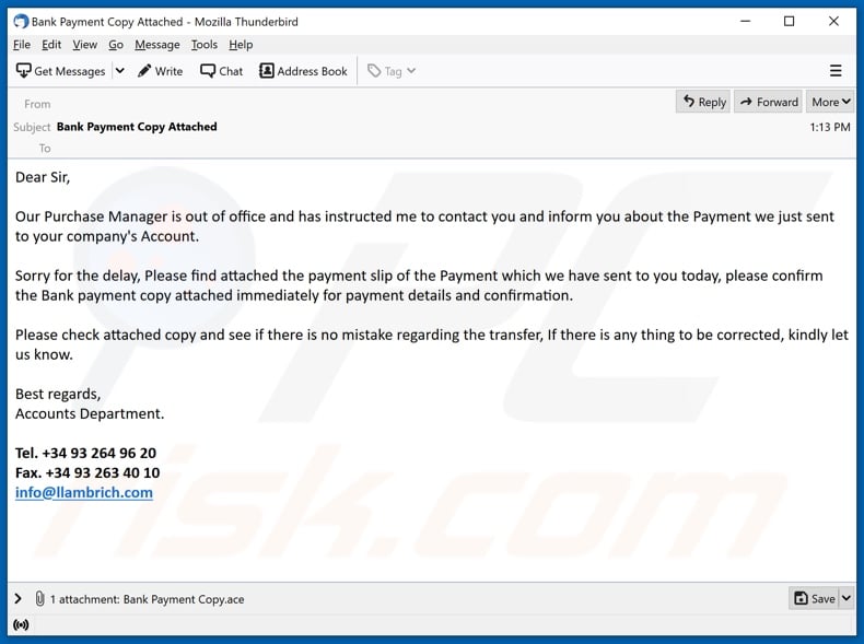 campanha de spam por correio electrónico difundido pelo malware Bank Payment Copy