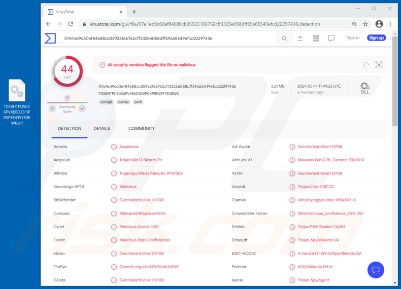 Detecções do malware bizarro em VirusTotal