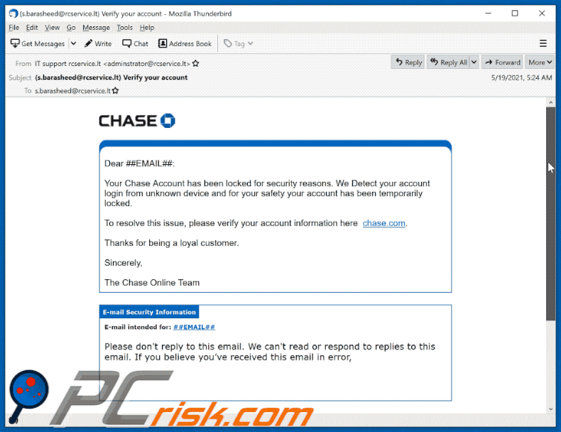 aparência de fraude de e-mail chase account has been locked