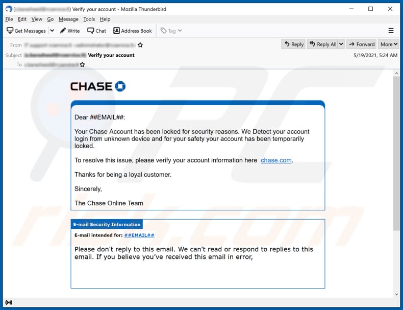 campanha de spam por email Chase account has been locked email scam