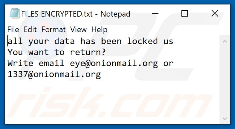 ficheiro de texto do ransomware Eye (FILES ENCRYPTED.txt)