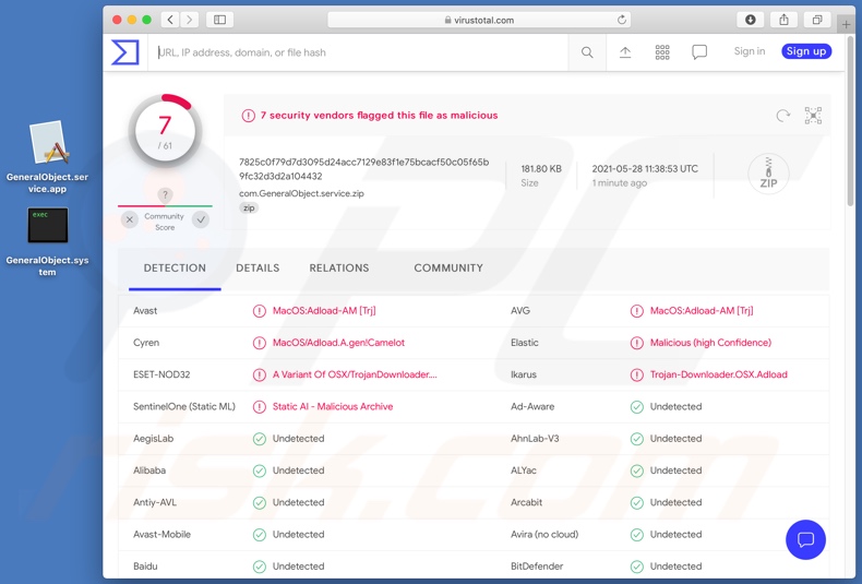 detecções do adware GeneralObject em VirusTotal