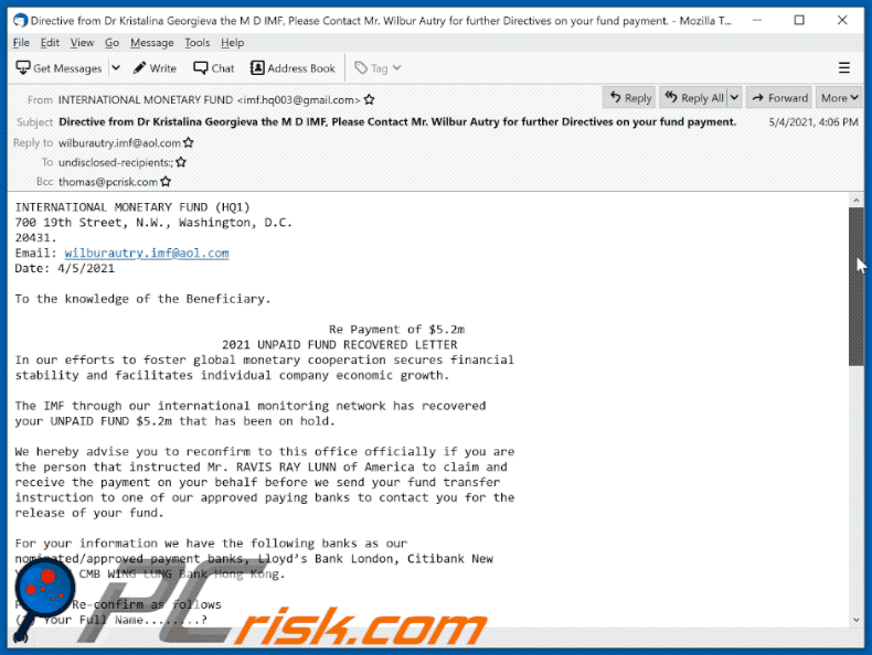 fraude por email INTERNATIONAL MONETARY FUND (2021-05-06)