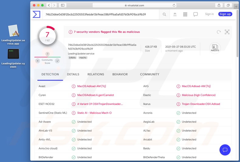 detecções de adware LeadingUpdater em VirusTotal