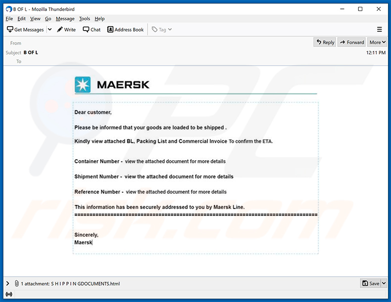 Email com o tema Maersk sobre spam a promover um ficheiro HTML phishing