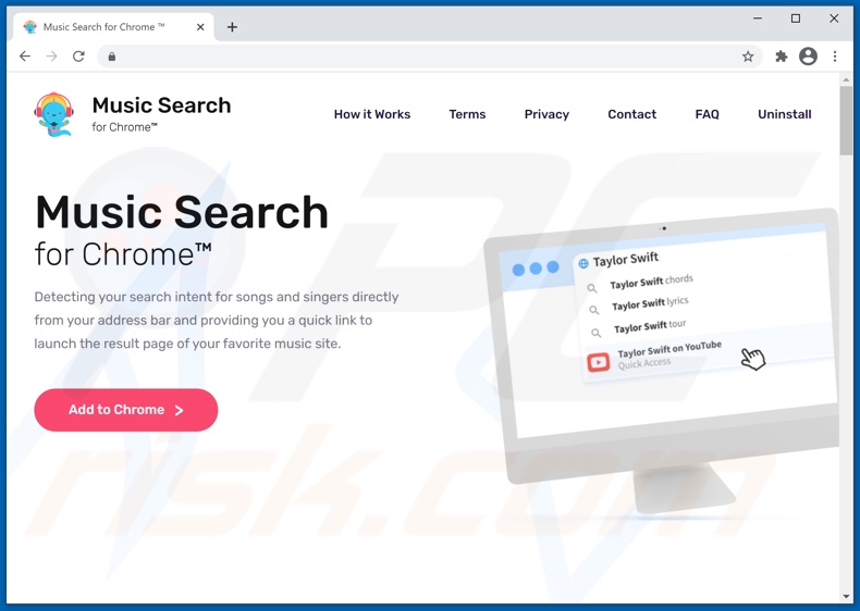 Website utilizado para promover o sequestrador de navegador Music Search for Chrome