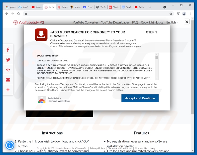 Site fraudulento utilizado para promover o sequestrador de navegador Music Search for Chrome