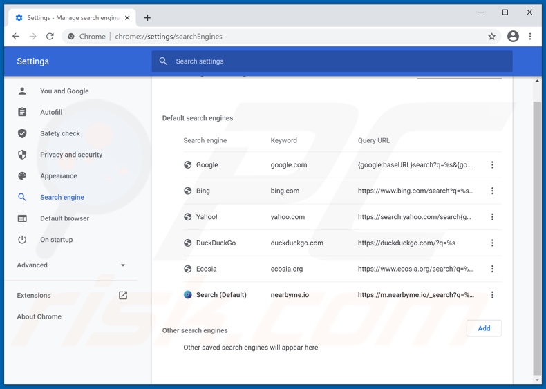 Remoção de nearbyme.io do motor de pesquisa padrão do Google Chrome