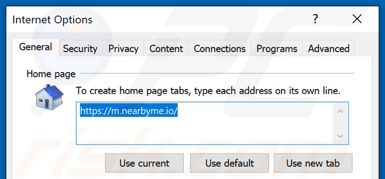 Remoção de nearbyme.io da página inicial do Internet Explorer