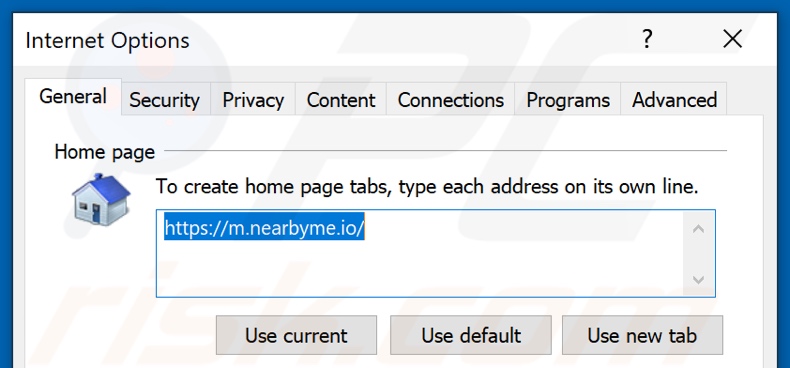 Remoção de nearbyme.io da página inicial do Internet Explorer