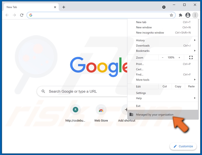 O sequestrador do navegador OpticalRatePro adicionado Managed by your organization feature to Chrome