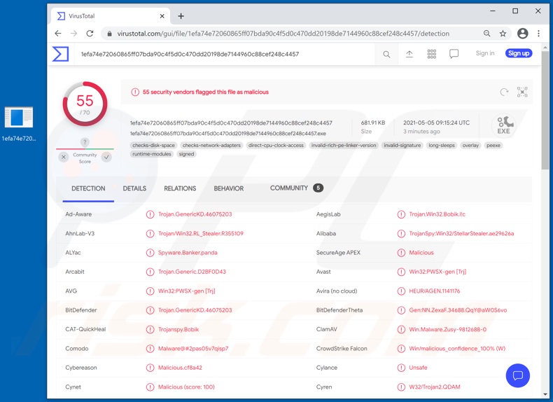 Detecções do malware Panda em VirusTotal