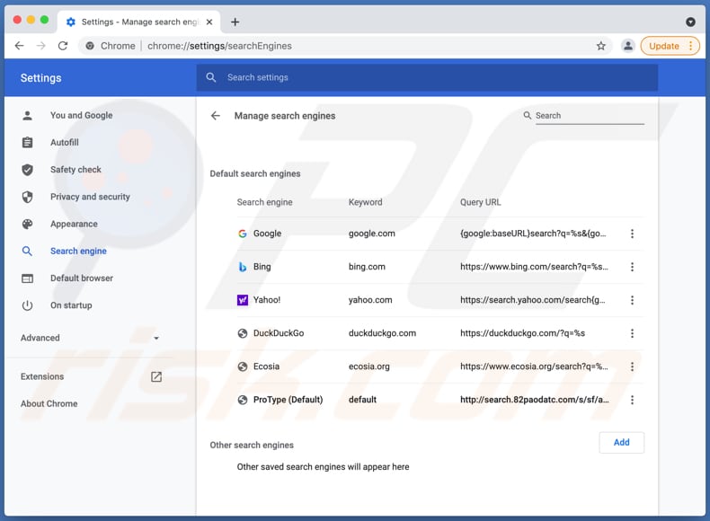 sequestrador de navegador protype search.82paodatc.com como motor de pesquisa padrão chrome