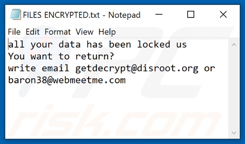 ficheiro de texto do ransomware Root (FILES ENCRYPTED.txt)