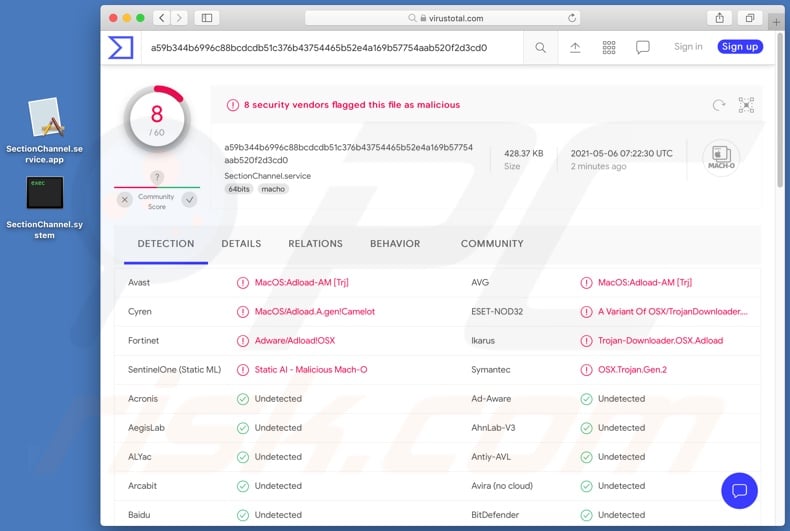 detecções do adware SectionChannel em VirusTotal