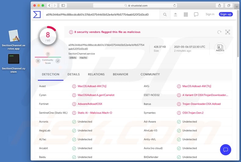 detecções do adware SectionChannel em VirusTotal