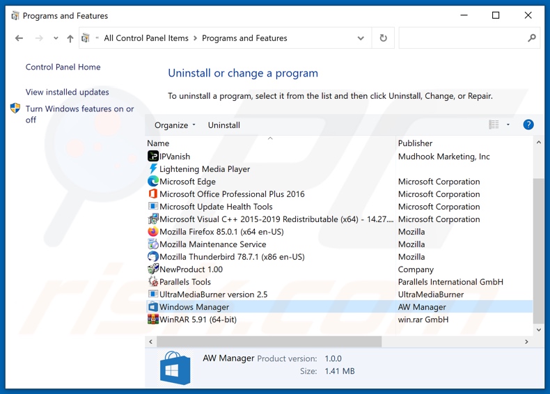desinstalar o adware Windows Manager via Painel de Controlo