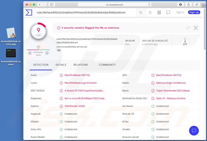 detecções do adware AccessibleTask no VirusTotal