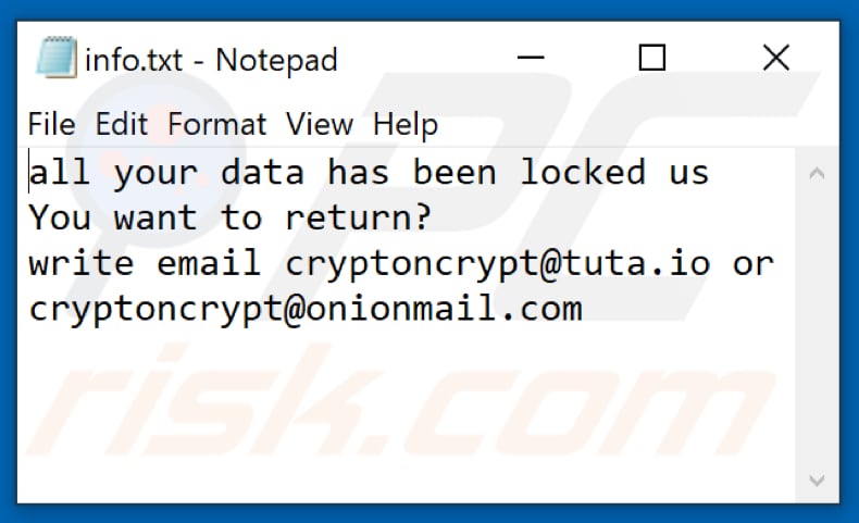 ficheiro de texto do ransomware Cryptoncrypt (info.txt)