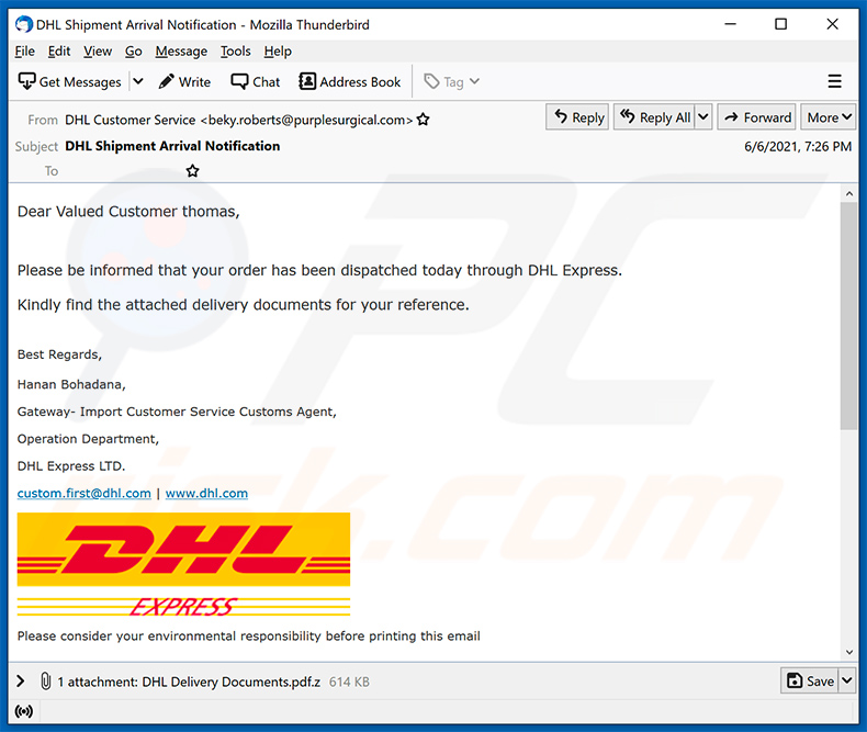 Difusão do email de spam com o tema DHL Express Agent Tesla (2021-06-08)