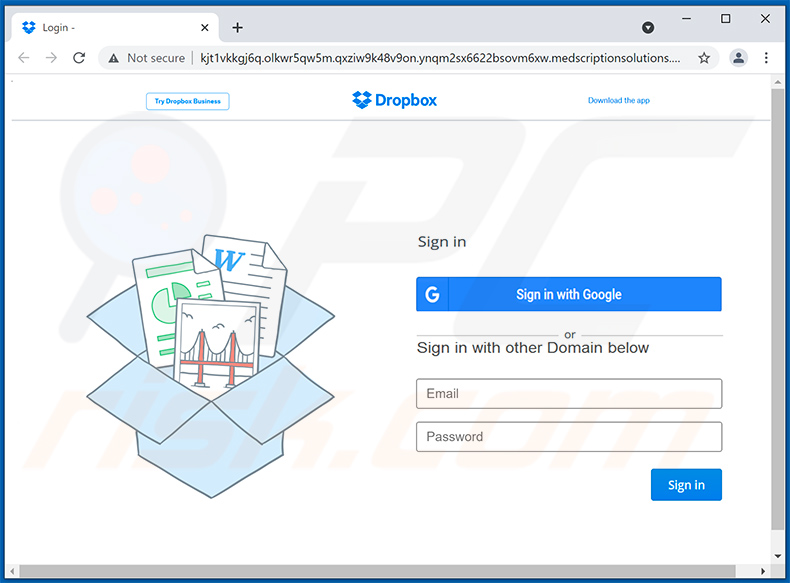 site de phishing promovido (site falso do Dropbox)