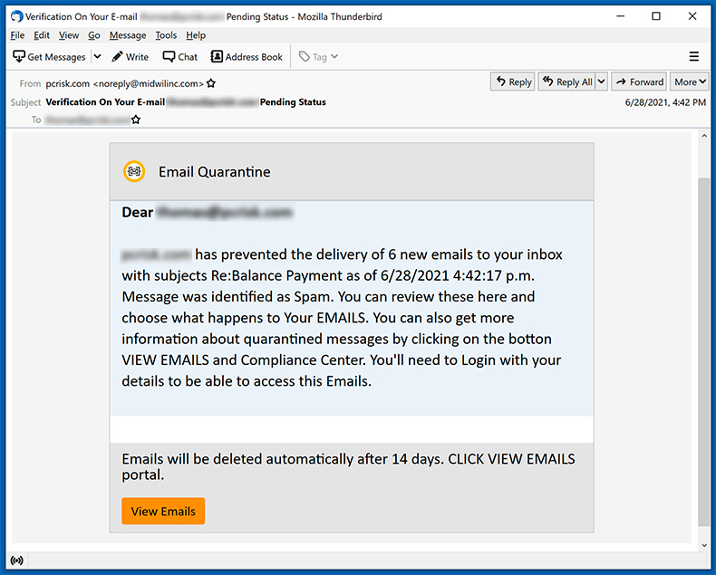 spam com o tema Email quarantined (2021-06-30)
