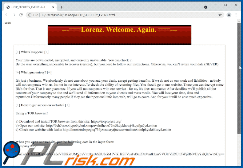 Aparência da nota de resgate do ransomware Lorenz GIF (HELP_SECURITY_EVENT.html)