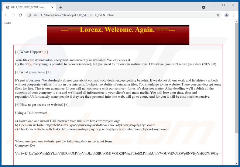 Mensagem do pedido de resgate do ransomware Lorenz (HELP_SECURITY_EVENT.html)