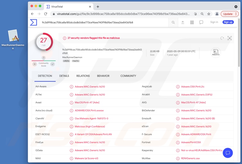 deteções do adware MacRunnerDaemon no VirusTotal