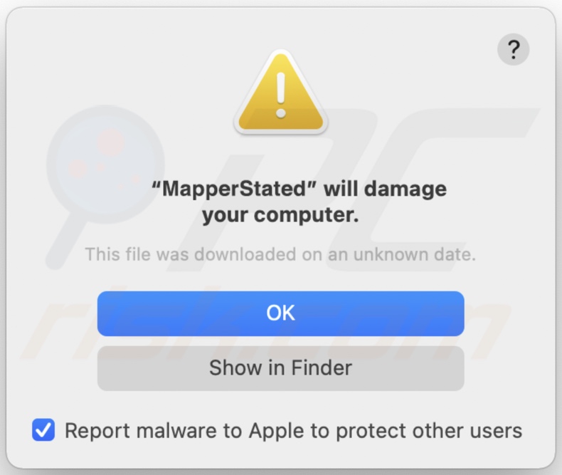 Pop-up exibido quando o adware MapperState está presente no sistema