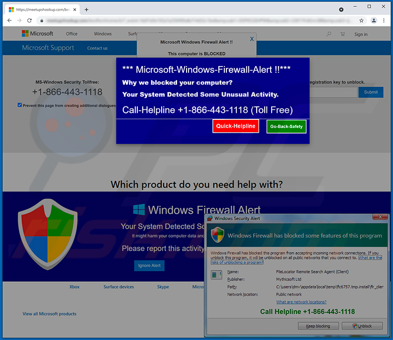 pop-up da fraude Microsoft Windows Firewall Alert