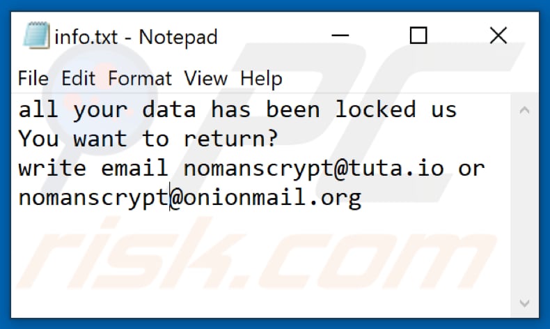 ficheiro de texto do ransomware Nmc (info.txt)