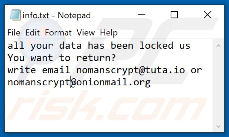 ficheiro de texto do ransomware Nmc (info.txt)