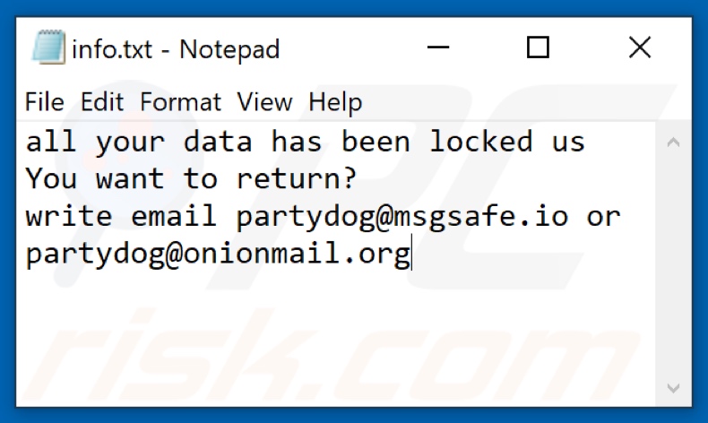 ficheiro de texto do ransomware PARTYDOG (info.txt)