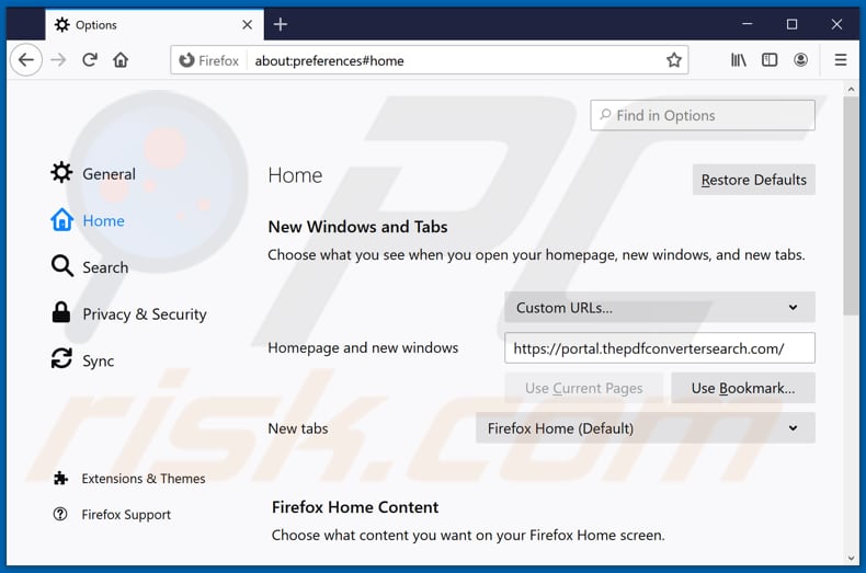 Removendo opdfconvertersearch.com da página inicial do Mozilla Firefox