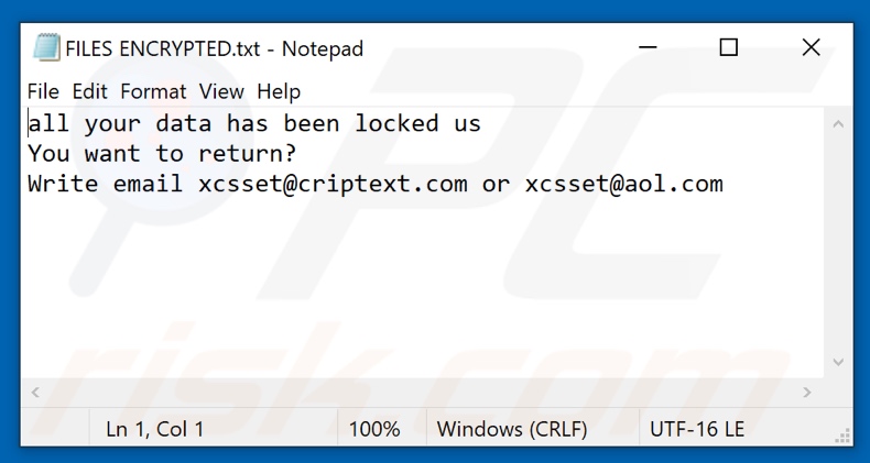 ficheiro de texto do ransomware Xcss (FILES ENCRYPTED.txt)