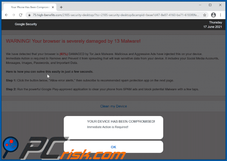 aparência pop-up da fraude your chrome is severely damaged by thirteen malware