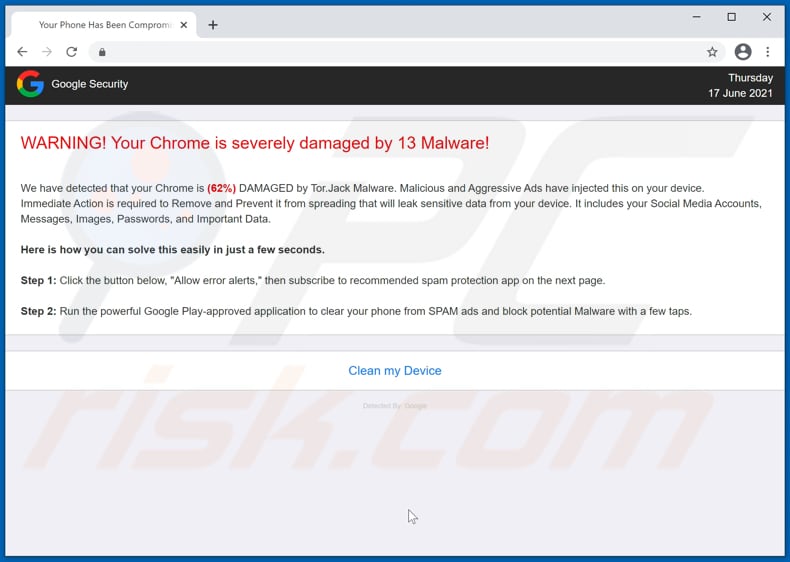 fraude Your Chrome is severely damaged by 13 Malware!