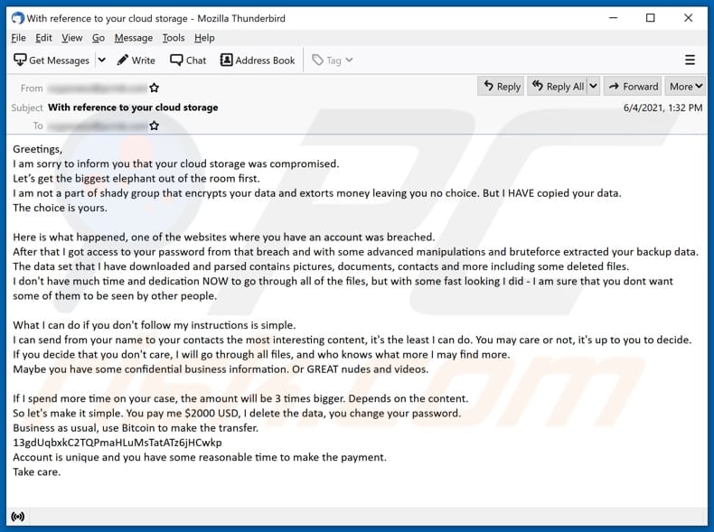 fraude Your cloud storage was compromised email