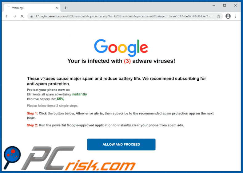 Aparência da fraude Your device is infected with a spam virus